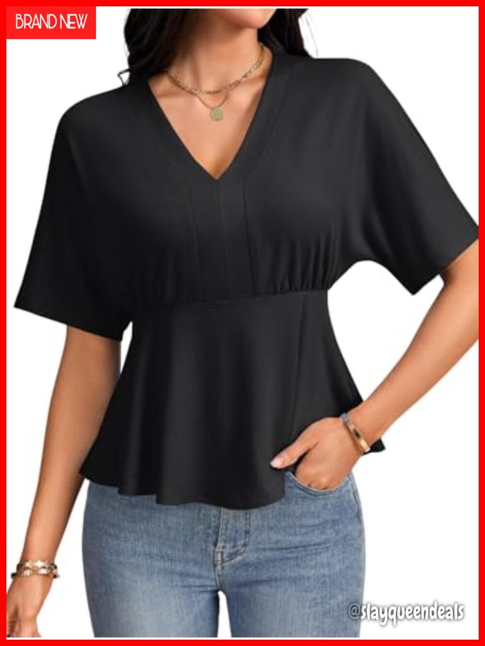 Ruffle V Neck Short Sleeve Ruched Tunic Blouse Top - Picture 1 of 6